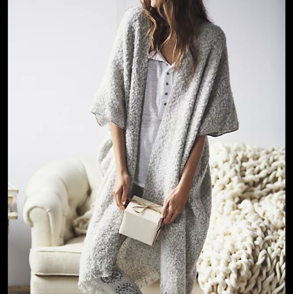 Free People Weekend Boucle Kimono Wool Blend Open Front Cardigan Wrap Gray OS
